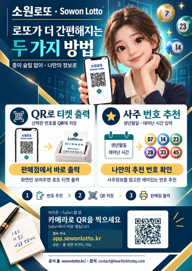 소원로또 포스터. QR 티켓 출력과 사주 번호 추천.