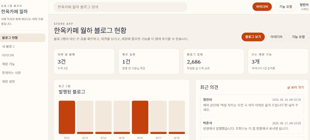 고객사 전용 앱 블로그 현황 화면. 시연 고객사는 한옥카페 월하